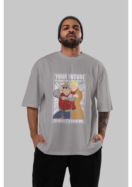 Back To The Future Jong Un Ön Baskılı Gri Oversize T-Shirt Unisex Erkek Kadın Bisiklet Yaka