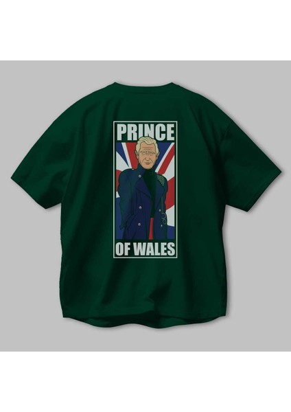 Prince Charles Arka Baskılı Zümrüt Yeşili Oversize T-Shirt Erkek Kadın Bisiklet Yaka modelleri