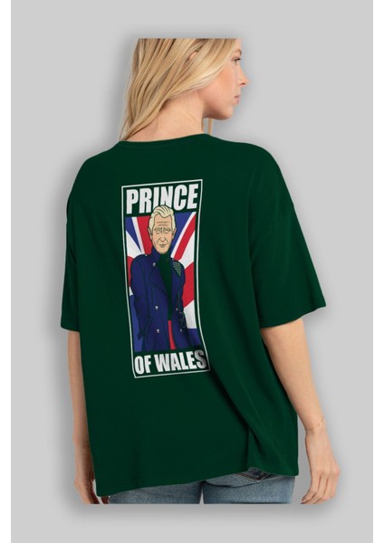 Prince Charles Arka Baskılı Zümrüt Yeşili Oversize T-Shirt Erkek Kadın Bisiklet Yaka fırsatları