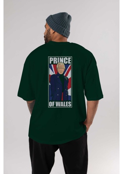 Prince Charles Arka Baskılı Zümrüt Yeşili Oversize T-Shirt Erkek Kadın Bisiklet Yaka indirimleri