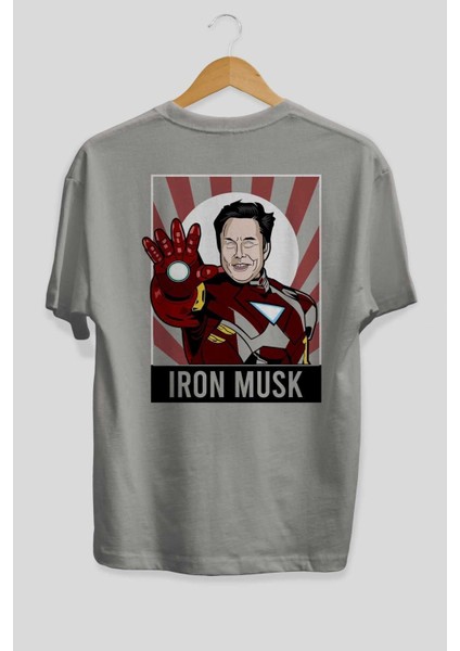 Elon Musk Iron Man Arka Baskılı Gri Oversize T-Shirt Unisex Erkek Kadın Bisiklet Yaka