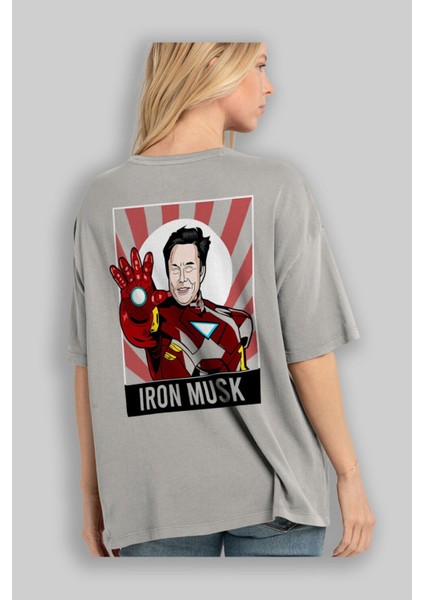 Elon Musk Iron Man Arka Baskılı Gri Oversize T-Shirt Unisex Erkek Kadın Bisiklet Yaka
