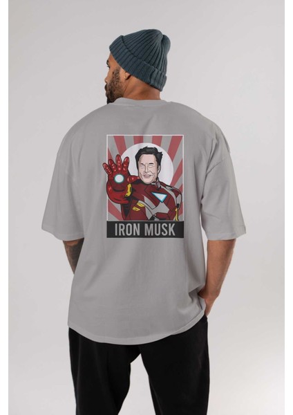 Elon Musk Iron Man Arka Baskılı Gri Oversize T-Shirt Unisex Erkek Kadın Bisiklet Yaka