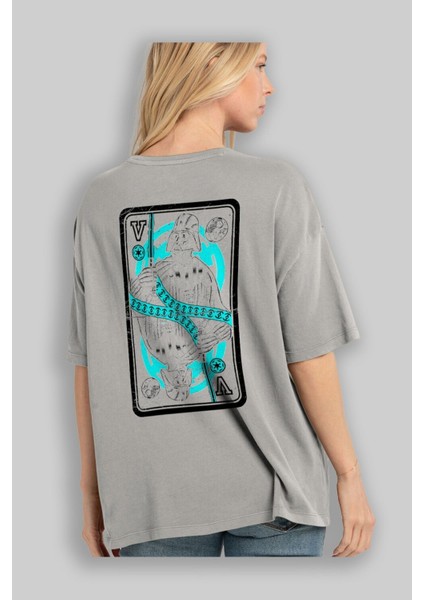 King Of The Darkside Arka Baskılı Gri Oversize T-Shirt Unisex Erkek Kadın Bisiklet Yaka modelleri