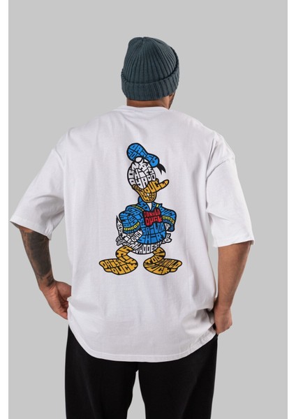 Donald Arka Baskılı Beyaz Oversize T-Shirt Erkek Kadın Bisiklet Yaka