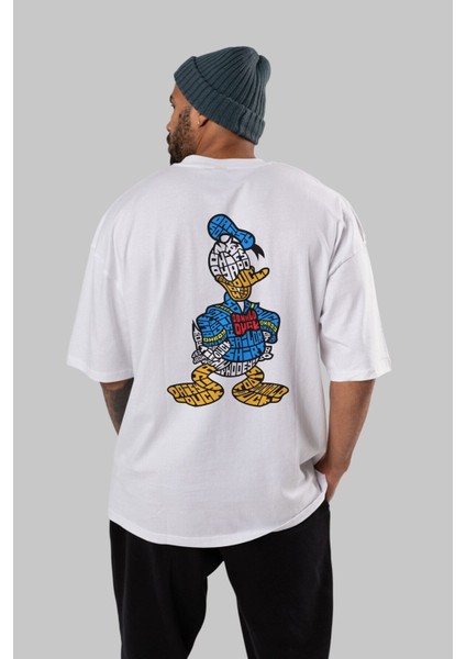 Donald Arka Baskılı Beyaz Oversize T-Shirt Erkek Kadın Bisiklet Yaka fiyatları