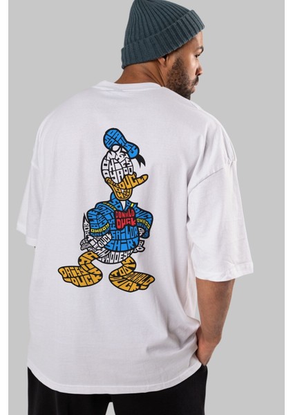Donald Arka Baskılı Beyaz Oversize T-Shirt Erkek Kadın Bisiklet Yaka modelleri