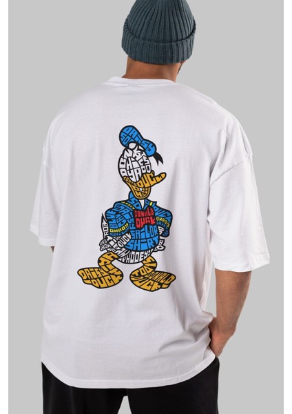 Donald Arka Baskılı Beyaz Oversize T-Shirt Erkek Kadın Bisiklet Yaka fırsatları