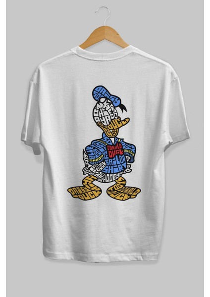 Donald Arka Baskılı Beyaz Oversize T-Shirt Erkek Kadın Bisiklet Yaka indirimleri