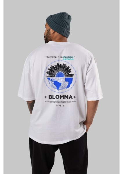 Blomma Arka Baskılı Beyaz Oversize T-Shirt Erkek Kadın Bisiklet Yaka