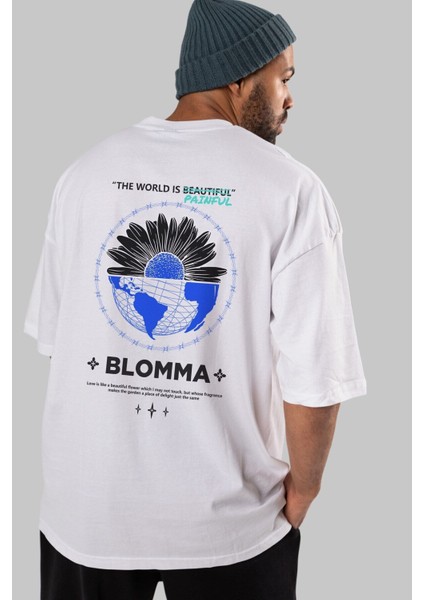 Blomma Arka Baskılı Beyaz Oversize T-Shirt Erkek Kadın Bisiklet Yaka fiyatları