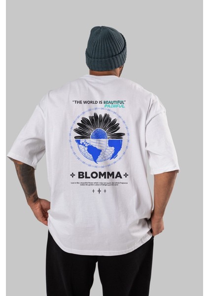 Blomma Arka Baskılı Beyaz Oversize T-Shirt Erkek Kadın Bisiklet Yaka modelleri