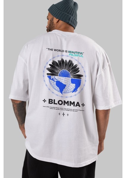 Blomma Arka Baskılı Beyaz Oversize T-Shirt Erkek Kadın Bisiklet Yaka fırsatları