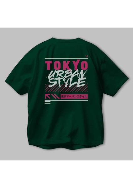 Tokyo Urban Style 2 Arka Baskılı Zümrüt Yeşili Oversize T-Shirt Erkek Kadın Bisiklet Yaka