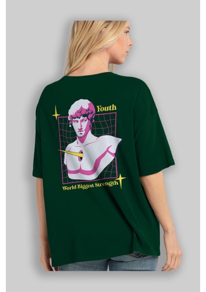 Youth Arka Baskılı Zümrüt Yeşili Oversize T-Shirt Erkek Kadın Bisiklet Yaka fırsatları