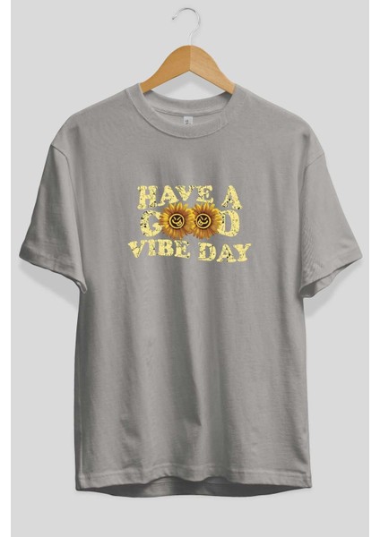 Have A Good Vibe Day Ön Baskılı Gri Oversize T-Shirt Unisex Erkek Kadın Bisiklet Yaka fiyatları