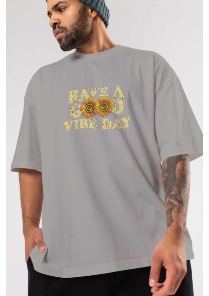 Have A Good Vibe Day Ön Baskılı Gri Oversize T-Shirt Unisex Erkek Kadın Bisiklet Yaka modelleri
