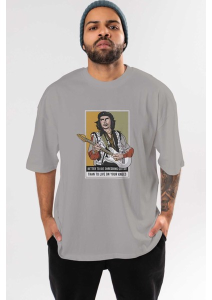 Che Guevara Hendrix Ön Baskılı Gri Oversize T-Shirt Unisex Erkek Kadın Bisiklet Yaka