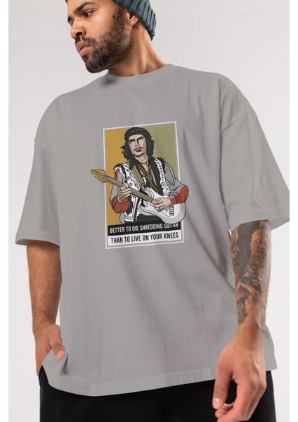 Che Guevara Hendrix Ön Baskılı Gri Oversize T-Shirt Unisex Erkek Kadın Bisiklet Yaka
