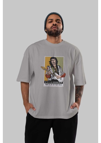 Che Guevara Hendrix Ön Baskılı Gri Oversize T-Shirt Unisex Erkek Kadın Bisiklet Yaka
