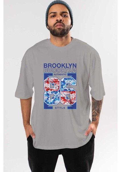 Brooklyn 86 Style Ön Baskılı Gri Oversize T-Shirt Unisex Erkek Kadın Bisiklet Yaka