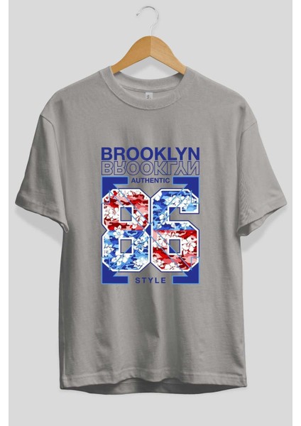 Brooklyn 86 Style Ön Baskılı Gri Oversize T-Shirt Unisex Erkek Kadın Bisiklet Yaka fiyatları