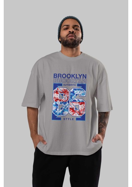 Brooklyn 86 Style Ön Baskılı Gri Oversize T-Shirt Unisex Erkek Kadın Bisiklet Yaka indirimleri