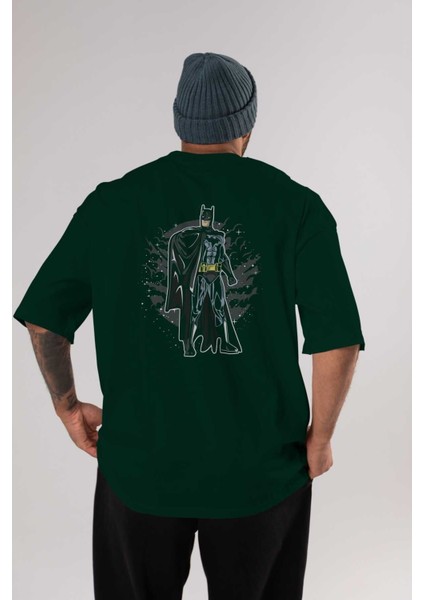 Batman Arka Baskılı Zümrüt Yeşili Oversize T-Shirt Unisex Erkek Kadın Bisiklet Yaka