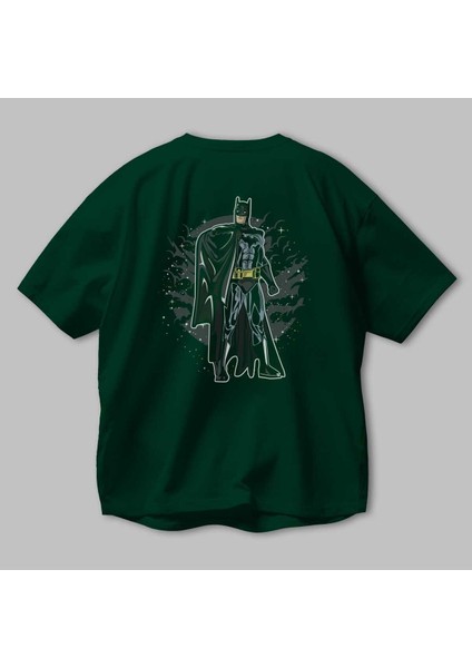 Batman Arka Baskılı Zümrüt Yeşili Oversize T-Shirt Unisex Erkek Kadın Bisiklet Yaka modelleri