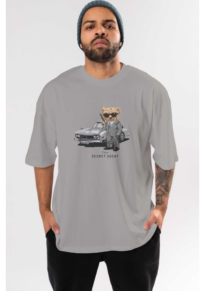 Teddy Bear The Secret Ön Baskılı Gri Oversize T-Shirt Unisex Erkek Kadın Bisiklet Yaka