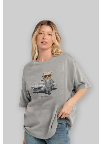 Teddy Bear The Secret Ön Baskılı Gri Oversize T-Shirt Unisex Erkek Kadın Bisiklet Yaka fırsatları
