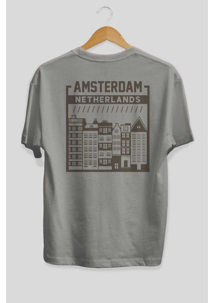 Amsterdam Arka Baskılı Gri Oversize T-Shirt Unisex Erkek Kadın Bisiklet Yaka fiyatları