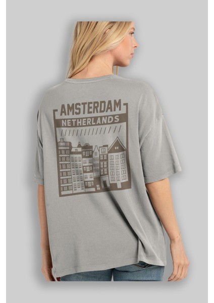 Amsterdam Arka Baskılı Gri Oversize T-Shirt Unisex Erkek Kadın Bisiklet Yaka modelleri