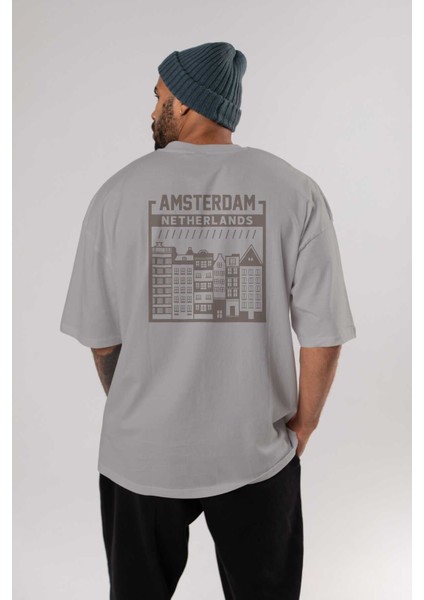 Amsterdam Arka Baskılı Gri Oversize T-Shirt Unisex Erkek Kadın Bisiklet Yaka fırsatları
