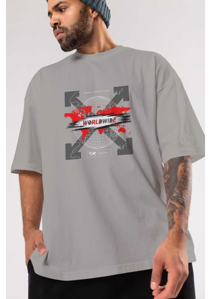 Worldwide Style Ön Baskılı Gri Oversize T-Shirt Unisex Erkek Kadın Bisiklet Yaka modelleri