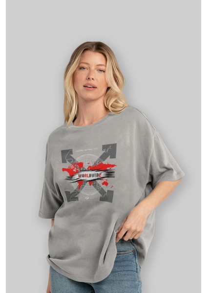 Worldwide Style Ön Baskılı Gri Oversize T-Shirt Unisex Erkek Kadın Bisiklet Yaka fırsatları