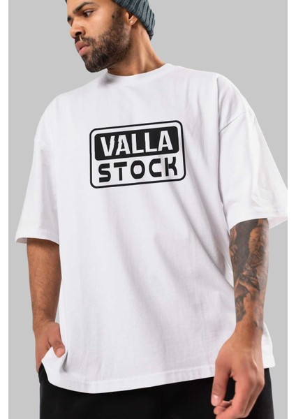 Valla Stock Ön Baskılı Beyaz Oversize T-Shirt Erkek Kadın Bisiklet Yaka modelleri
