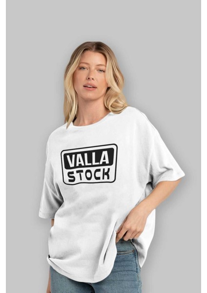 Valla Stock Ön Baskılı Beyaz Oversize T-Shirt Erkek Kadın Bisiklet Yaka fırsatları