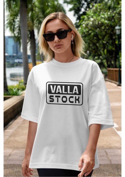 Valla Stock Ön Baskılı Beyaz Oversize T-Shirt Erkek Kadın Bisiklet Yaka indirimleri