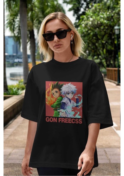 Gon Freecss Hunter x Hunter 4 Anime Ön Baskılı Siyah Oversize T-Shirt Erkek Kadın indirimleri