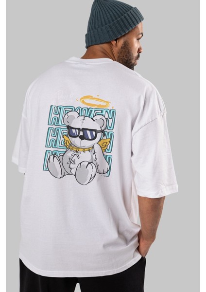 Heaven Bear Arka Baskılı Beyaz Oversize T-Shirt Erkek Kadın Bisiklet Yaka
