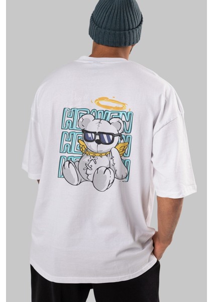 Heaven Bear Arka Baskılı Beyaz Oversize T-Shirt Erkek Kadın Bisiklet Yaka modelleri