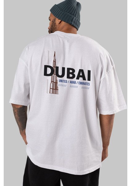 Dubai Arka Baskılı Beyaz Oversize T-Shirt Erkek Kadın Bisiklet Yaka fiyatları