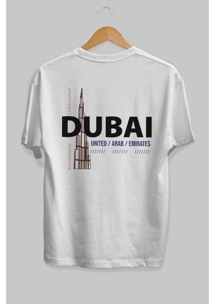 Dubai Arka Baskılı Beyaz Oversize T-Shirt Erkek Kadın Bisiklet Yaka modelleri