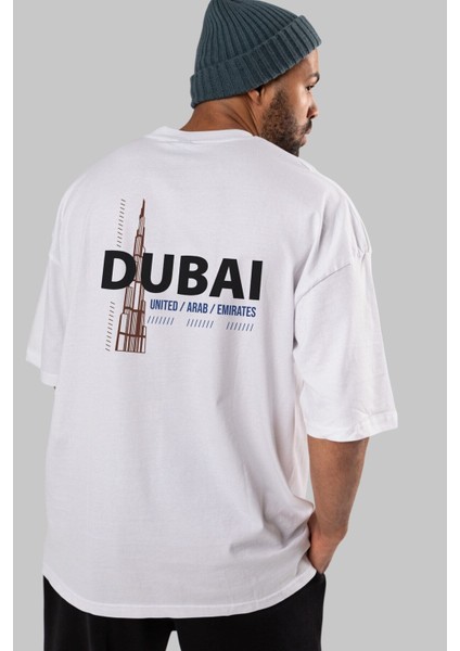 Dubai Arka Baskılı Beyaz Oversize T-Shirt Erkek Kadın Bisiklet Yaka fırsatları