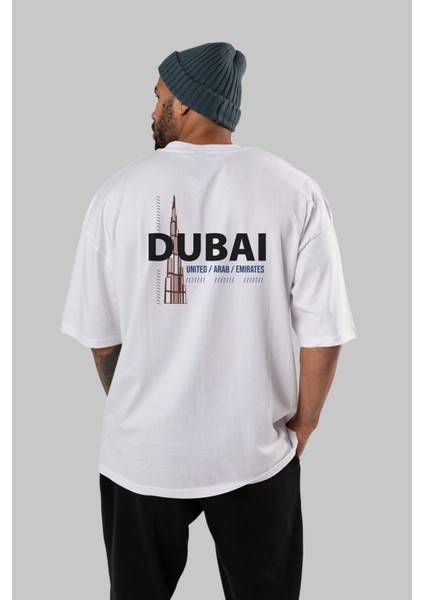 Dubai Arka Baskılı Beyaz Oversize T-Shirt Erkek Kadın Bisiklet Yaka indirimleri