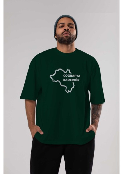 Coğrafya Kaderdir Ön Baskılı Zümrüt Yeşili Oversize T-Shirt Erkek Kadın Bisiklet Yaka indirimleri