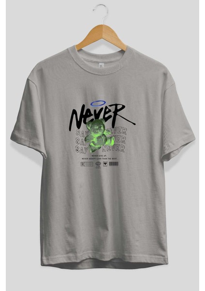 Teddy Bear Never Ön Baskılı Gri Oversize T-Shirt Unisex Erkek Kadın Bisiklet Yaka fiyatları
