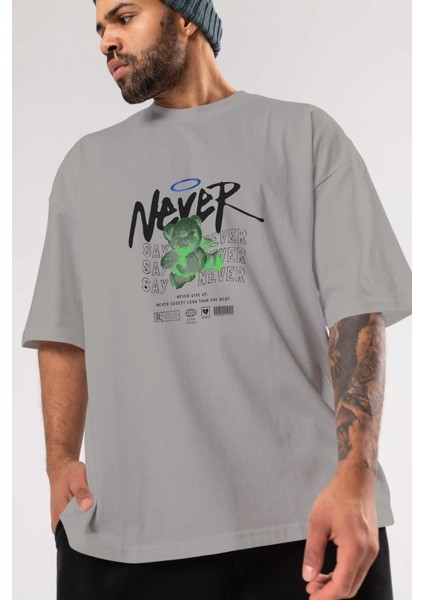 Teddy Bear Never Ön Baskılı Gri Oversize T-Shirt Unisex Erkek Kadın Bisiklet Yaka modelleri