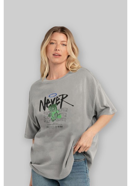 Teddy Bear Never Ön Baskılı Gri Oversize T-Shirt Unisex Erkek Kadın Bisiklet Yaka fırsatları